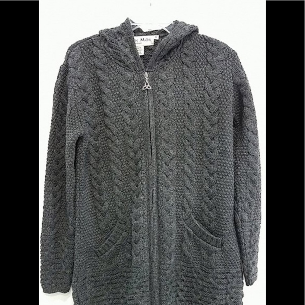 Aran Mor Sweater Hood zipper front merino wool